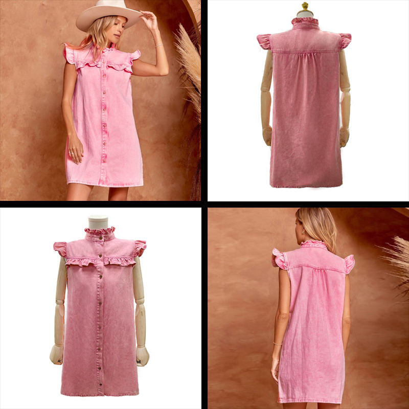 Beakey Denim Dress Ruffle Trim Sleeveless Button down Cute Babydoll-Pink