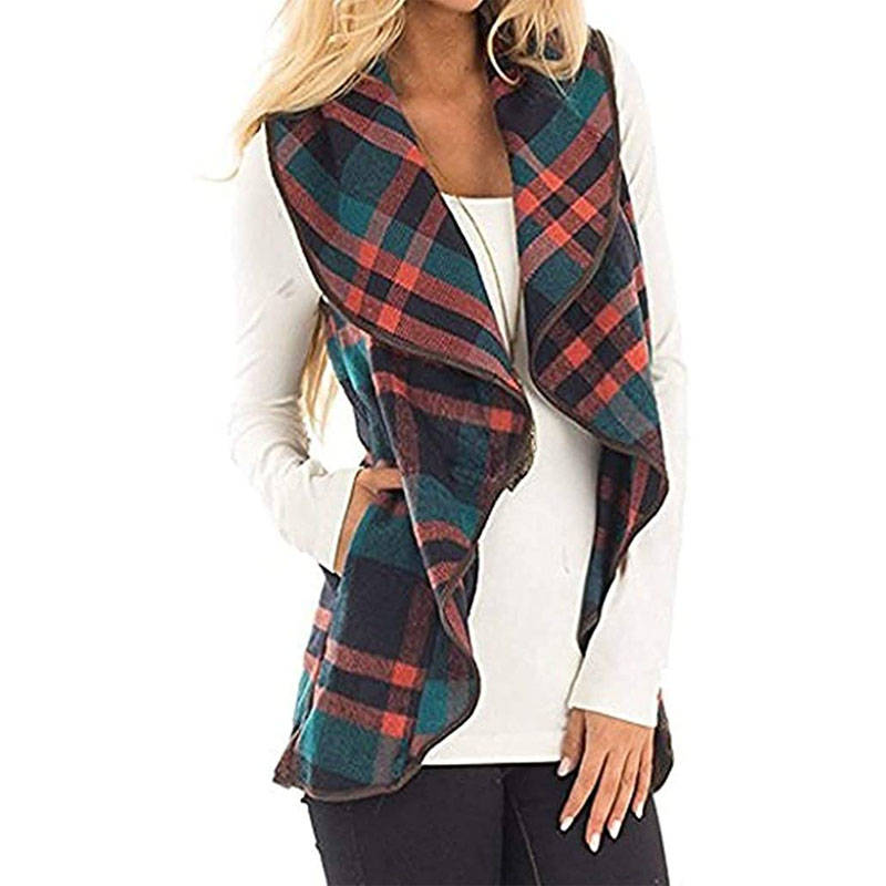 Beakey Womens Casual Lapel Open Front Plaid Vest Cardigan with Pockets-Yellow