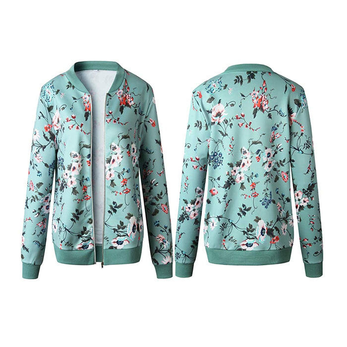 Beakey Women's Fashion Zip Up Casual Jacket Coat Short Outwear Flower Printing Tops-Green-8795