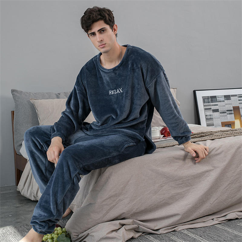 Beakey Crew Neck Flannel Pajamas Set for Women-Navy Blue
