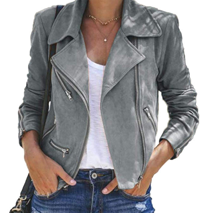 Beakey Women's Multiple Zippers Notch Collar Moto Jacket Casual Short Coat-Gray-YC0271