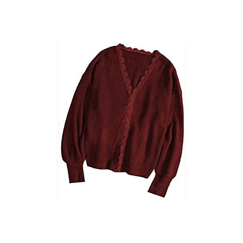 Beakey Womens Pullover Sweater Lace V Neck Long Sleeve Button Top-Red Wine