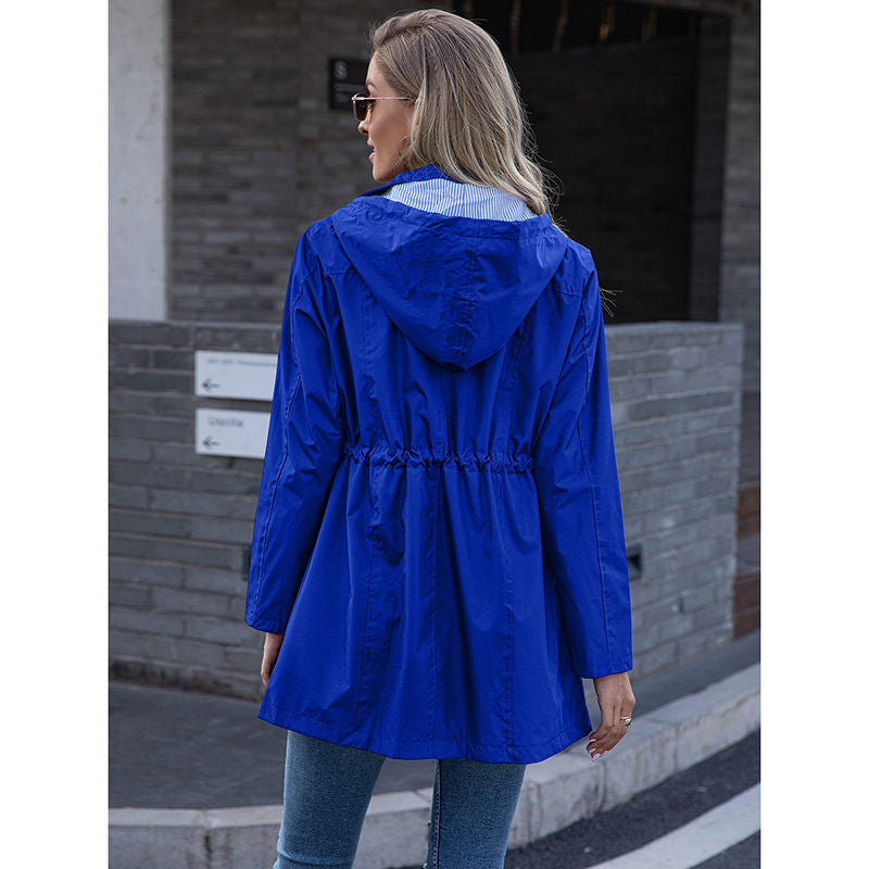 Beakey Rain Jacket for Women Striped Lined Hooded Lightweight Windbreaker-Royal Blue