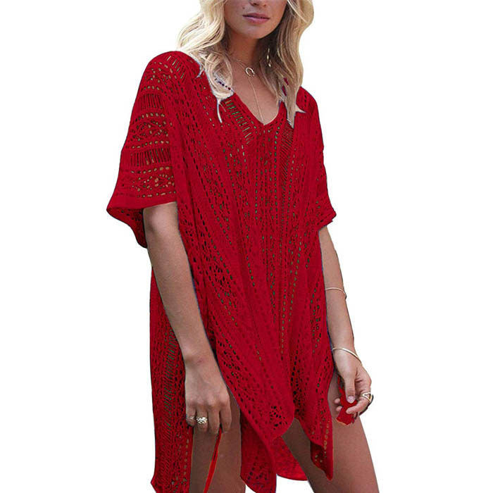 Beakey Women's Swimsuit Beach Bikini Loose Blouse Knitted Blouse Stylish Beach Cover up-Red