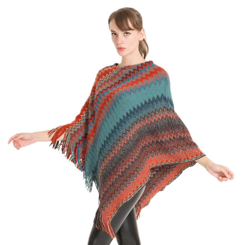 Beakey Womens Stripe Knitted Poncho Top with Tassel-Red
