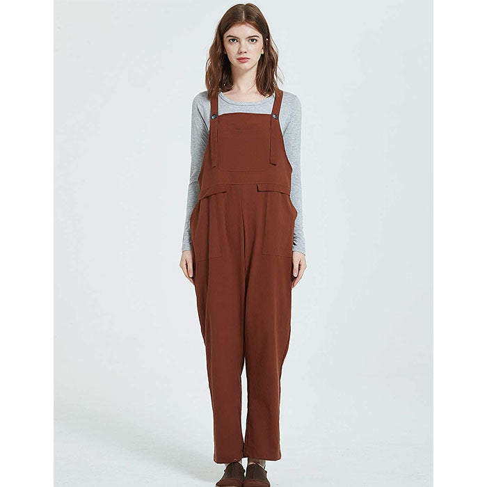 Beakey Women's Casual Baggy Cotton Linen Jumpsuit Overalls With Pockets-Brown-5859