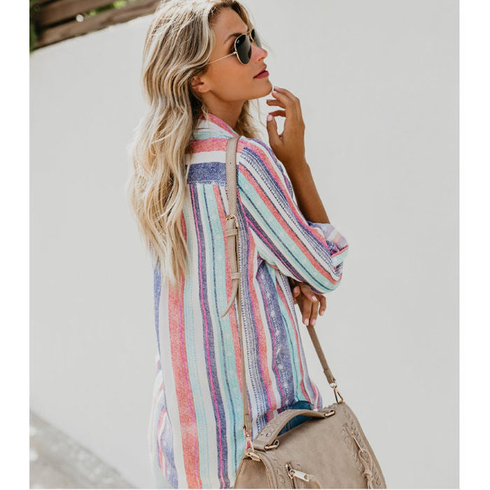 Beakey Women V Neck Long Sleeve Striped Casual Button Down Blouses Tops--Pink Purple-T6755