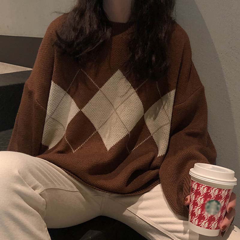 Beakey Women Plaid Sweater Preppy Style Vintage Pullover-Camel