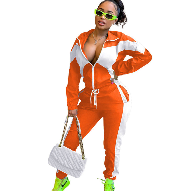 Beakey Womens Windbreaker Jacket Pants Colorblock Patchwork Tracksuit-Orange
