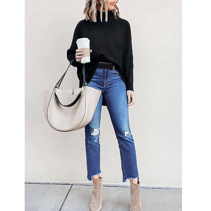 Beakey Womens Turtleneck Long Sweater Batwing Sleeve Asymmetric Hem Pullover Knit Tops-Black-YY528