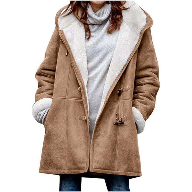 Beakey Fleece Jackets for Women Horn Button Winter Hooded Outwear-Brown