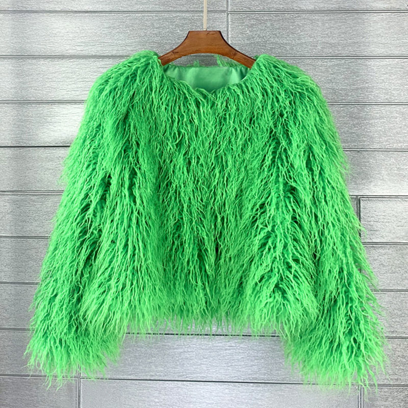 Beakey Womens Shaggy Faux Fur Outwear Short Thermal Coat-Green