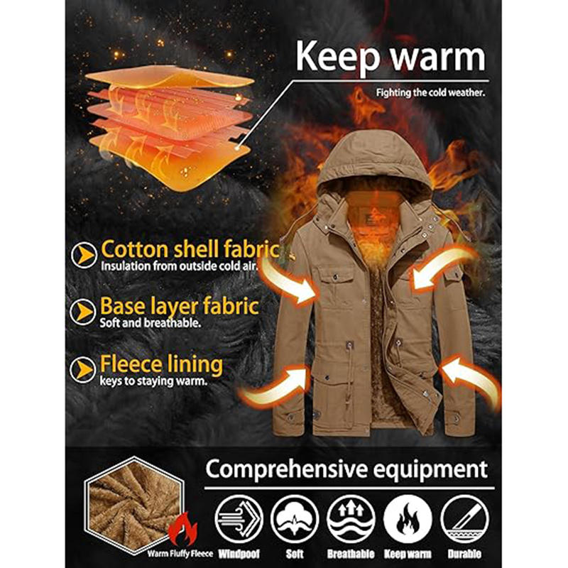 Beakey Mens Winter Jacket Cotton Fleece Lined Military Coats with Hood-Khaki
