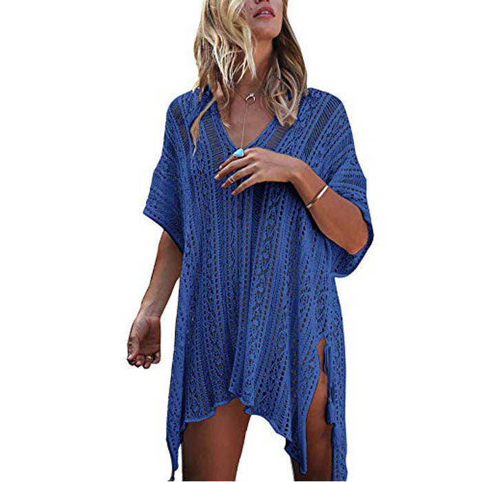 Beakey Women's Swimsuit Beach Bikini Loose Blouse Knitted Blouse Stylish Beach Cover up-Royal Blue