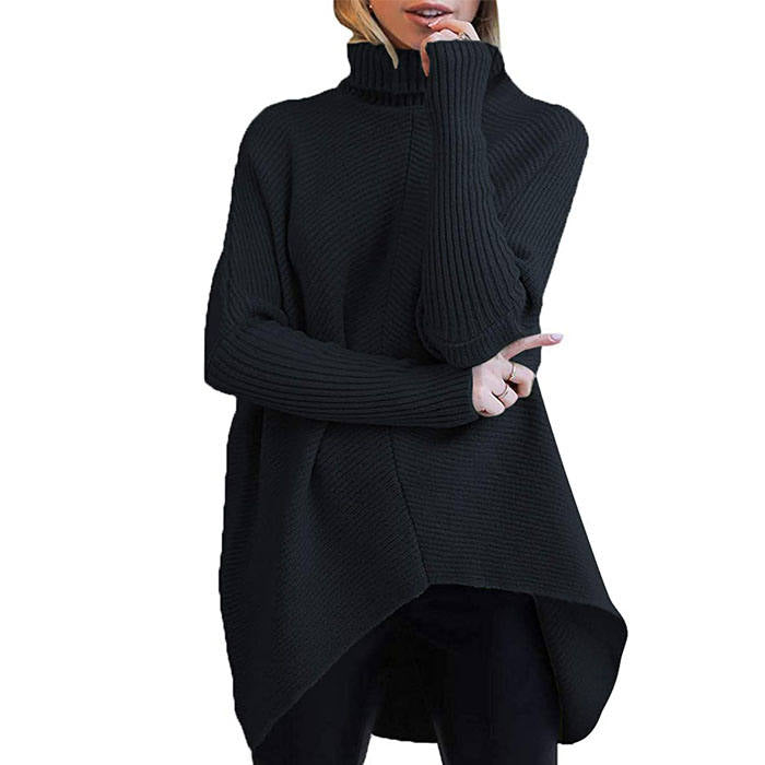 Beakey Womens Turtleneck Long Sweater Batwing Sleeve Asymmetric Hem Pullover Knit Tops-Black-YY528