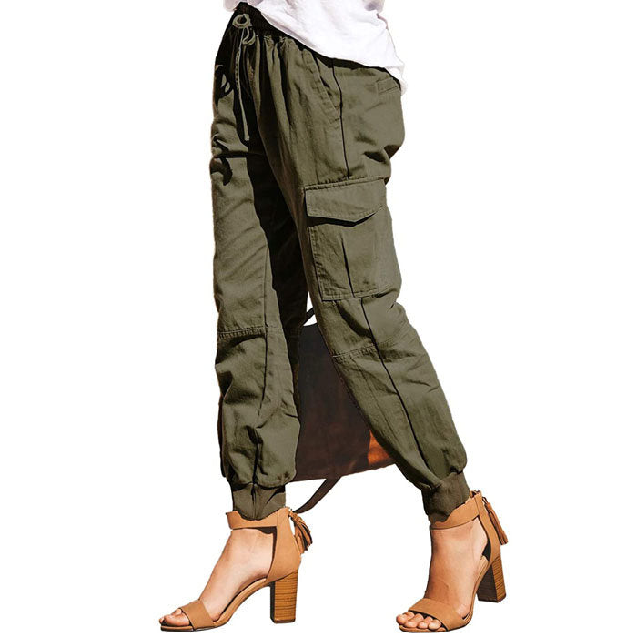 Beakey Women's Fashion Waist Cargo Pants Drawstring Trousers with Pockets-Green-D29