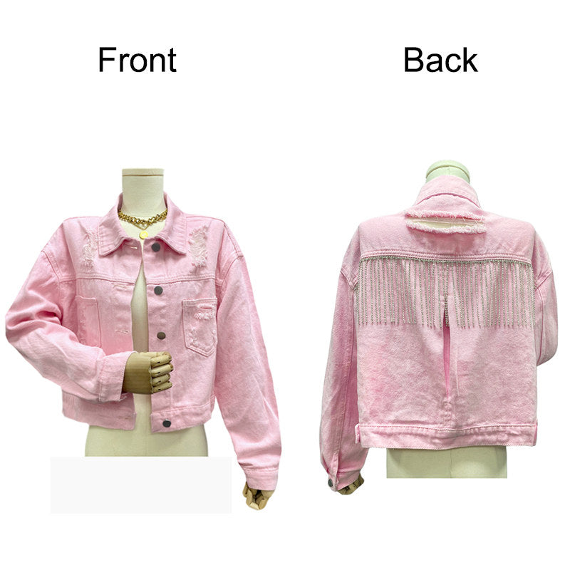 Beakey Womens Denim Jacket with Fringe Rhinestones Crop Casual Coat-Pink