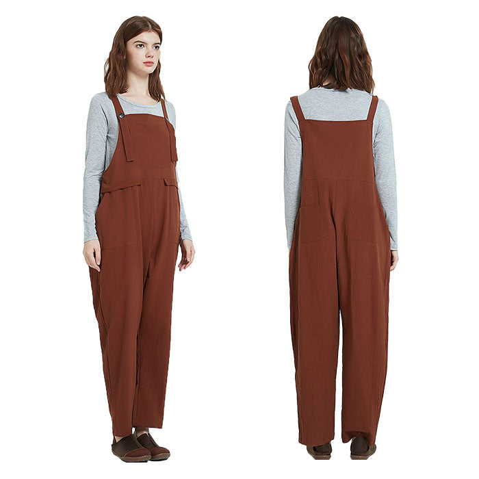 Beakey Women's Casual Baggy Cotton Linen Jumpsuit Overalls With Pockets-Brown-5859
