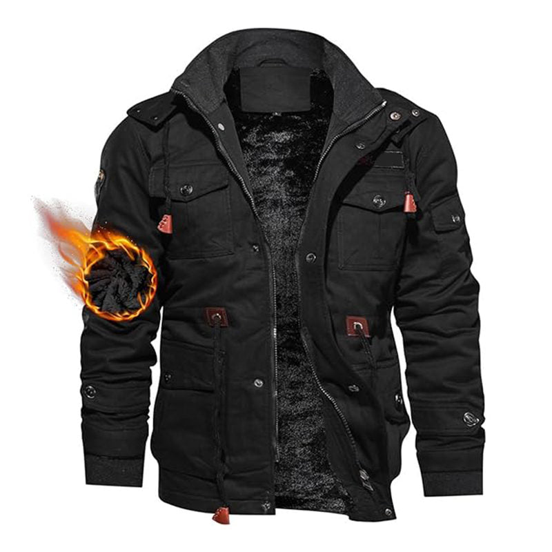 Beakey Mens Winter Jacket Cotton Fleece Lined Military Coats with Hood-Black