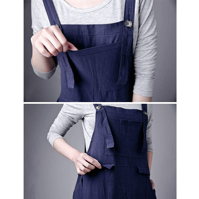 Beakey Women's Casual Baggy Cotton Linen Jumpsuit Overalls With Pockets-Blue-5859