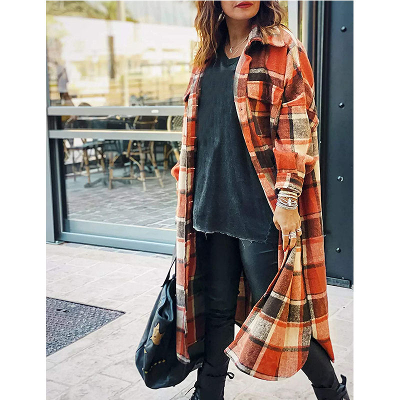 Beakey Womens Casual Plaid Long Coat Lapel Button Down Shirts Jacket-Orange Red