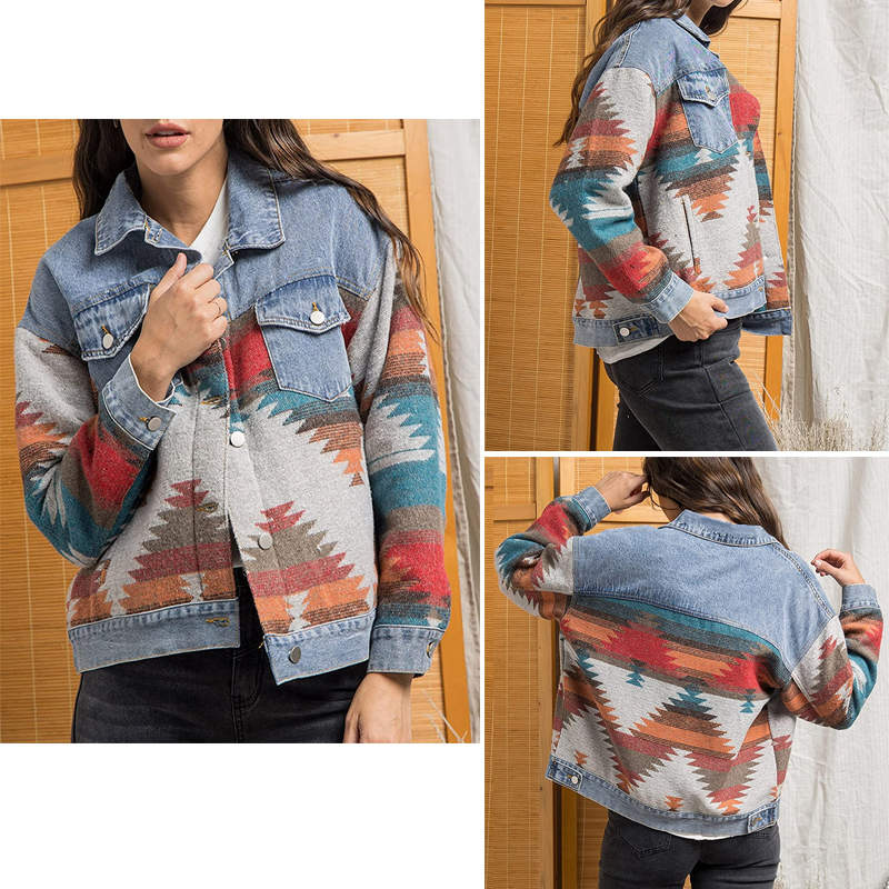 Beakey Womens Cropped Denim Jacket Aztec Print Vintage Casual Coat-Blue