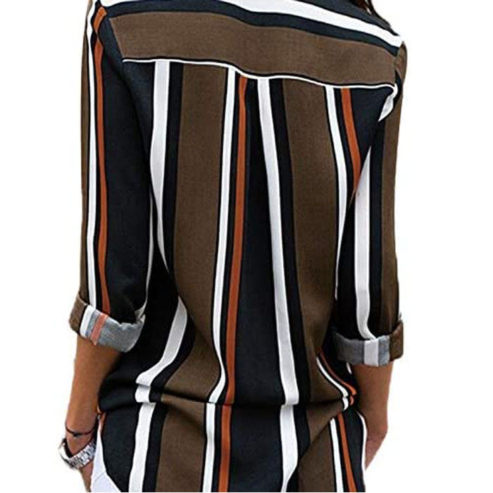 Beakey Women Autumn V Neck Striped Printing Roll up Sleeve Button Down Blouses Top-Army Green-623