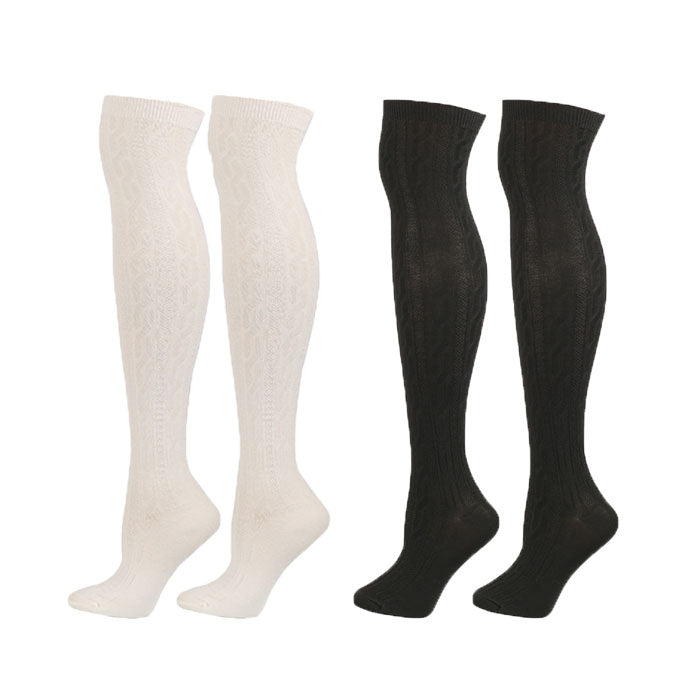 Beakey 2Packs Women Extra Long High Socks Knit Warmers Thick Tall Long Boot Stockings Leg-WhiteBlack