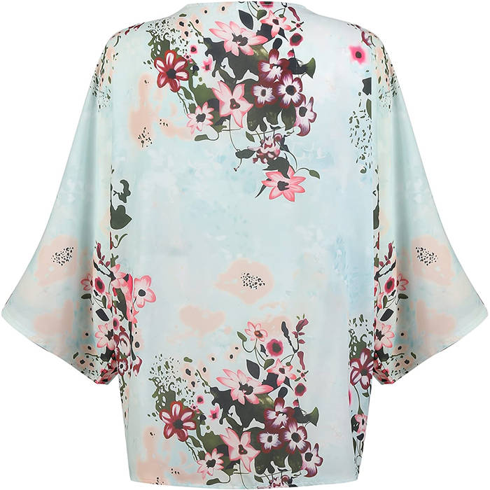 Beakey Women's Summer Floral Print Kimonos Loose Half Sleeve Chiffon Cardigan Blouses Casual Cover Up - Light Green