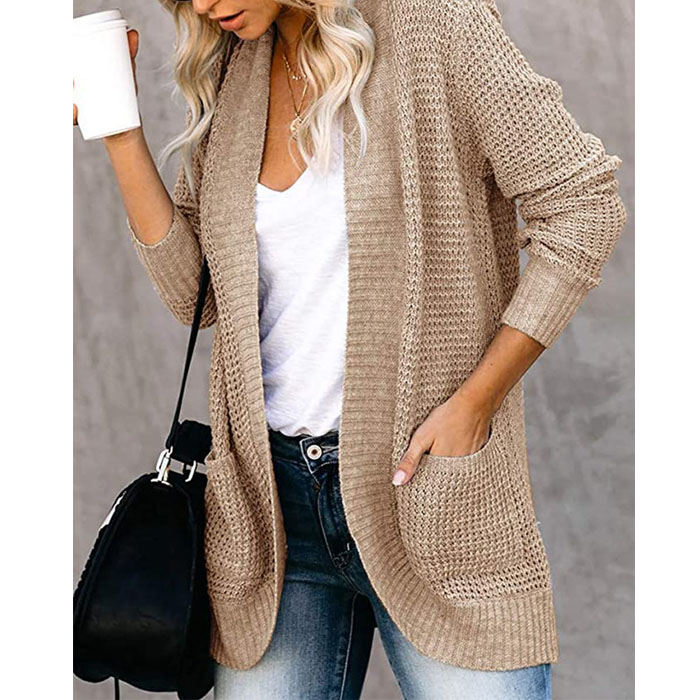 Beakey Womens Long Sleeve Cardigans Chunky Knit Draped Sweaters Outwear-Khaki-220185