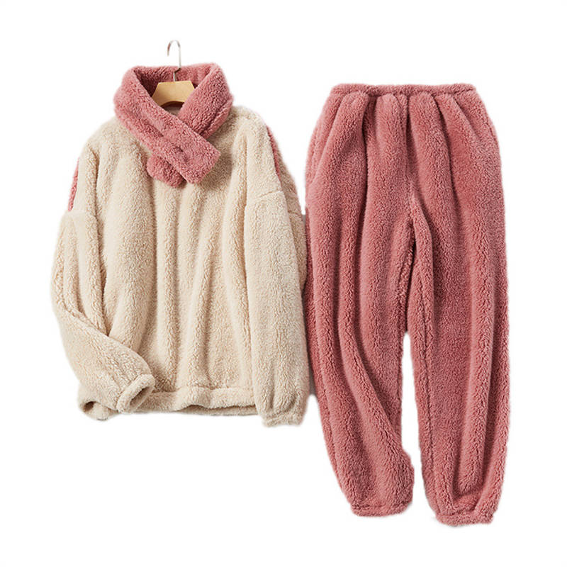 Beakey Womens Thickened Coral Fleece Pajamas Set with Scarf-Beige