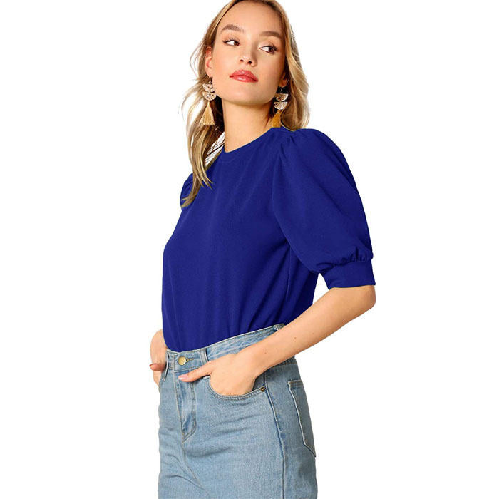 Beakey Women's Unique Puff Sleeve Casual Solid Top Pullover Keyhole Back Blouse-Blue-8821