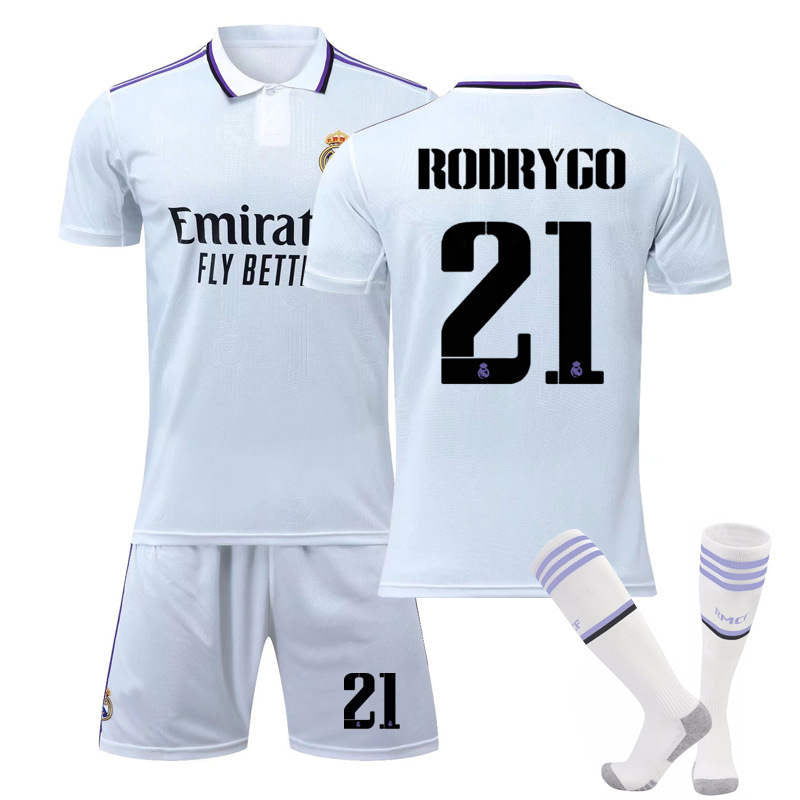 Beakey Real Madrid Home Jersey 2022-23 RODRYGO #21 Soccer Jersey Kids Adult 3-Pieces Jersey Kits
