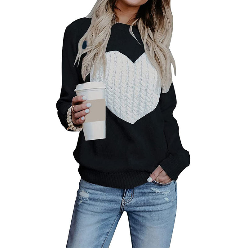 Beakey Women's Long Sleeve Pullover Sweater CrewNeck Cute Heart Knit Sweater-Black