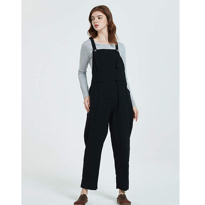 Beakey Women's Casual Baggy Cotton Linen Jumpsuit Overalls With Pockets-Black-5859