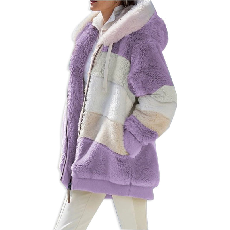 Beakey Womens Warm Plush Hooded Cardigan Full Zip Colorblock Jacket-Purple