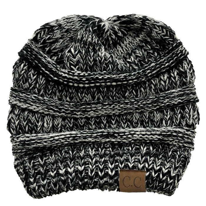 Beakey Soft Stretch Cable Knit Hat Ponytail Beanie Winter Hat For Women-Black Flower