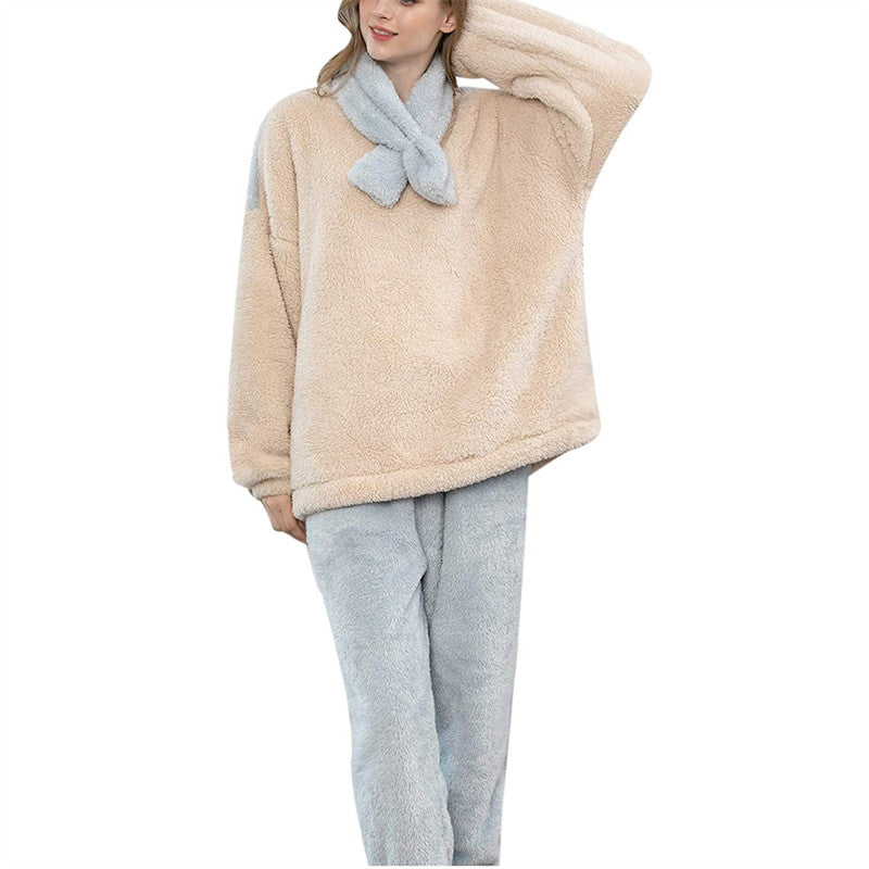 Beakey Womens Thickened Coral Fleece Pajamas Set with Scarf-Blue