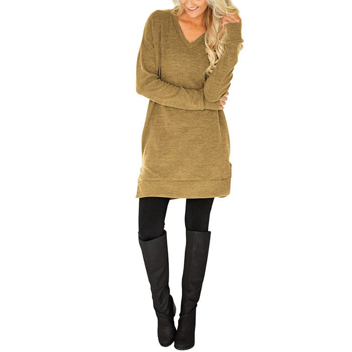 Beakey Womens Casual V Neck Long Sleeves Pocket Solid Color Sweatshirt Split Tops-Khaki-W0083