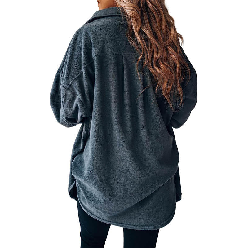 Beakey Womens Fleece Long Sleeved Shirt Casual Boyfriend Blouse Top-Navy