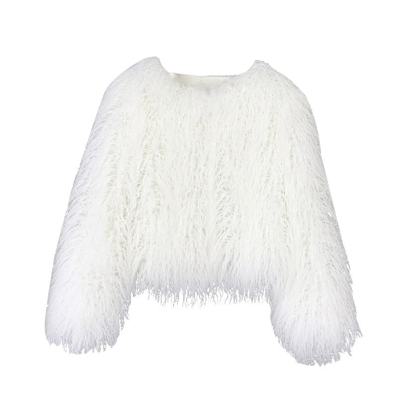 Beakey Womens Shaggy Faux Fur Outwear Short Thermal Coat-White