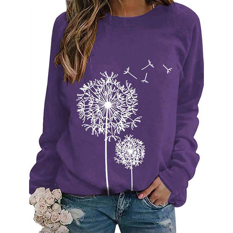 Beakey Womens Long Sleeve Shirts Dandelion Printed Crewneck Sweatshirt-Purple