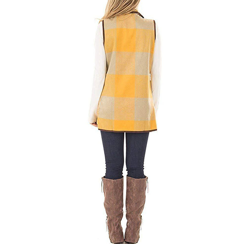 Beakey Womens Casual Lapel Open Front Plaid Vest Cardigan with Pockets-Yellow