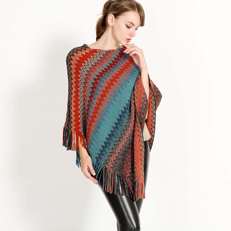 Beakey Womens Stripe Knitted Poncho Top with Tassel-Red