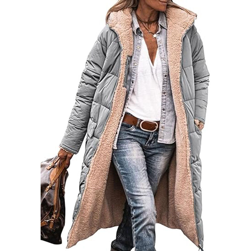 Beakey Womens Long Coats with Hood Fleece Lining Oversized Jackets-Silver