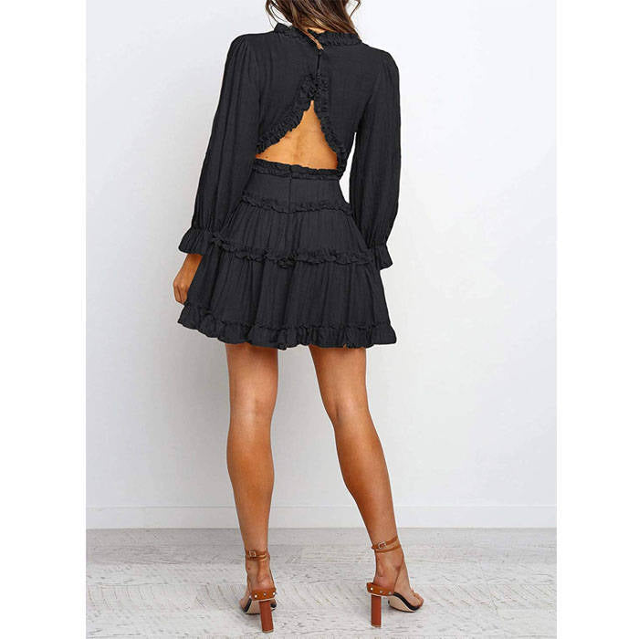 Beakey Womens Spring Summer Deep V Neck Ruffle Long Sleeve Mini Dress-Black-221766