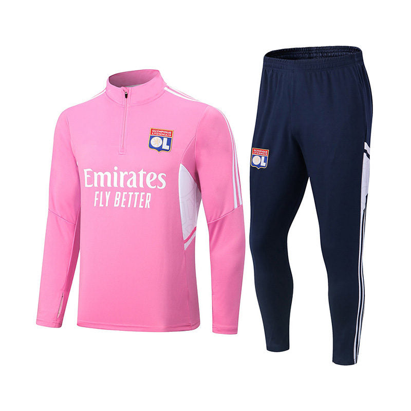 Beakey Soccer Jersey Lyon Football Training Suit with Long Sleevesfor Kids Adults-Pink