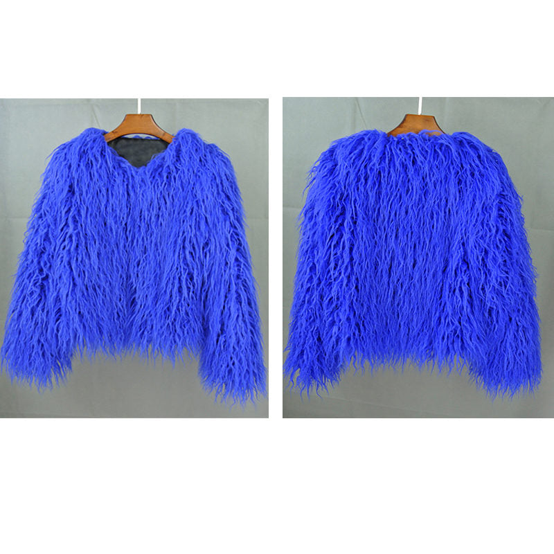 Beakey Womens Shaggy Faux Fur Outwear Short Thermal Coat-Royal Blue