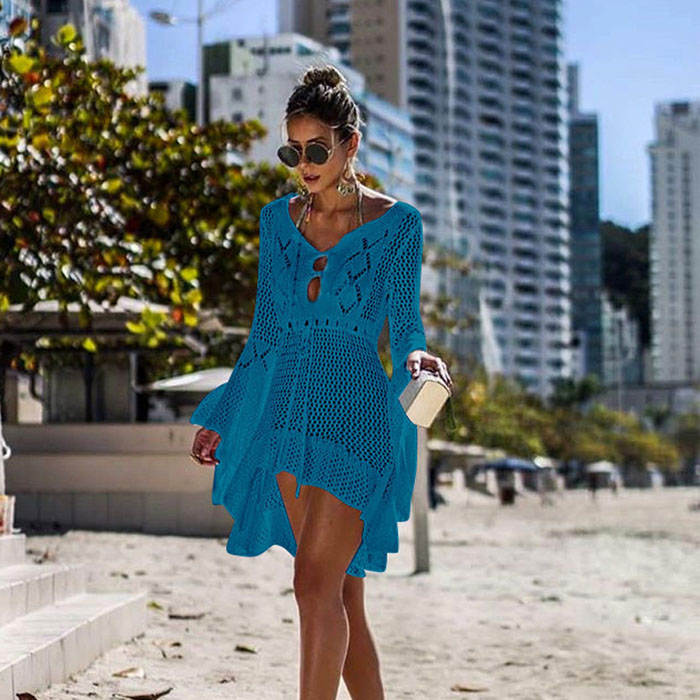 Beakey Women Beach Swimsuit for Women Flared Sleeves Coverups Bikini Loose Cover Up Net-Peacock Blue