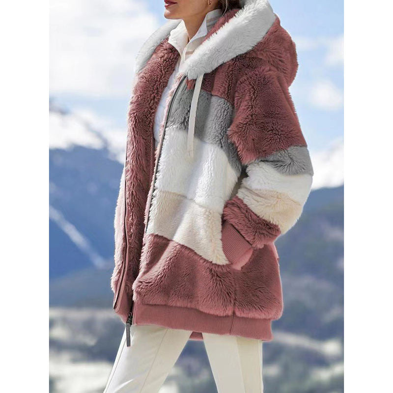 Beakey Womens Warm Coats Fuzzy Sherpa Hooded Jacket with Pockets-Red